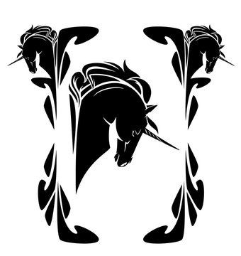 page decor border with unicorn heads - black and white art nouveau style vector design