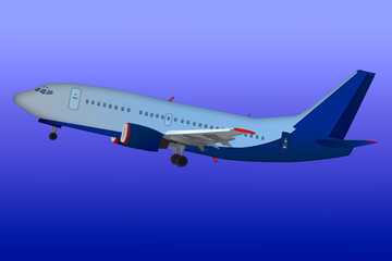 Airplane taking off isolated on blue sky. Realistic flying plane. 