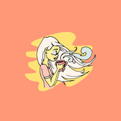 Hand drawn beautiful cute girl with cup of coffee or tea in his hands.