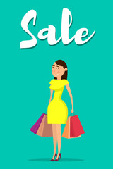 Happy woman with shopping. Happy woman holding shopping bags. Vector illustration in flat style