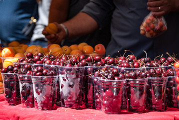 Fresh cherries in plastic cups ready for sale at farmers market