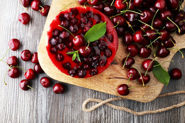 Home made cherry cake with vanilla, cream cheese and black cherries
