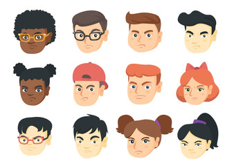 Vector set of kids angry emoji cartoons.