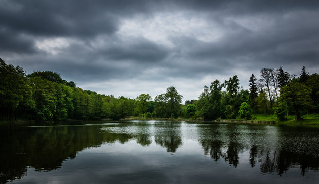 Pond near the Raczynski Palace in Zloty Potok, Silesia, Poland