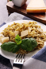 Farfalle pasta bows with pesto on a plate on a rustic background