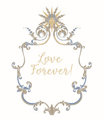 Embroidery with blue and beige vintage frame