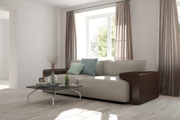 White modern room with sofa. Scandinavian interior design. 3D illustration