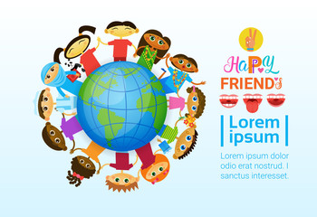 Happy Friendship Day Greeting Card Mix Race Kids Over Earth Globe Friends Multi Ethnic Holiday Banner Vector Illustration