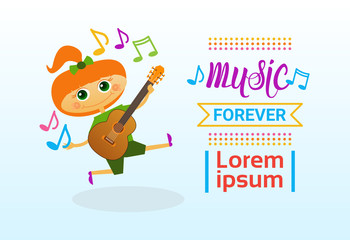 Small Girl Playing Acoustic Guitar Musical Instrument Flat Vector Illustration