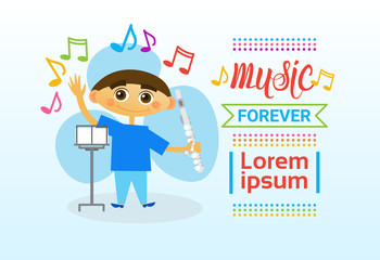 Small Boy Playing Flute Musical Instrument Flat Vector Illustration