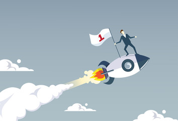 Business Man Flying On Space Rocket Success Achievement Concept Flat Vector Illustration