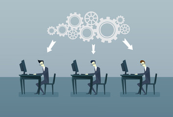 Business People Group Working On Computers Braistorming Cog Wheel Cooperation Concept Flat Vector Illustration