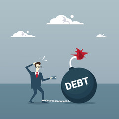 Business Man Chain Bound Legs Credit Debt Finance Crisis Concept Flat Vector Illustration