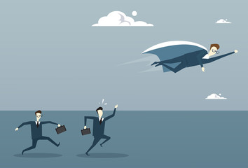 Business Man In Cape Fly Leading Businesspeople Group Financial Progress Success Competition Concept Flat Vector Illustration