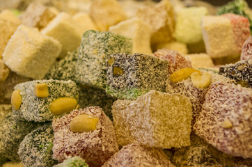 Sweet pieces of turkish delight background