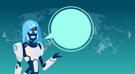 Modern Robot With Chat Bubble Over World Map Artificial Intelligence Technology Flat Vector Illustration