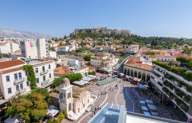 Monastiraki square as seen from a high point of view. Akropolis and plaka in the background