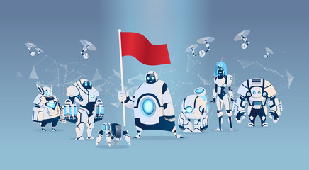 Modern Robots Team Hold Flag Artificial Intelligence Technology Flat Vector Illustration