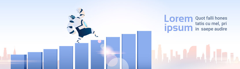 Modern Robot Running Chart Bars Up Over City Landscape Artificial Intelligence Technology Flat Vector Illustration