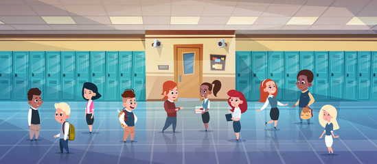 Group Of Schoolchildren In School Corridor Mix Race Pupils Over Row Of Lockers Flat Vector Illustration
