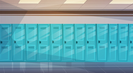 Empty School Corridor Interior With Row Of Lockers Horizontal Banner Flat Vector Illustration