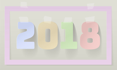 Happy New 2018 Year Paper Art Style Design Adhesive Masking Paper Sticky Strip Tapes. Pastel Delicate Colors Shadows. Holiday Card vector illustration