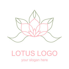 Fototapeta na wymiar Floral linear icon. Lotus flower lineart logo. Thin line logotype for a spa, wellness center, massage or beauty salon. Vector design element in monoline style isolated on white background. 