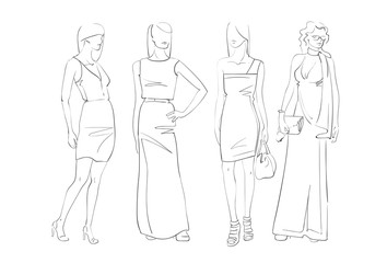 Fashion Collection Of Clothes Set Of Models Wearing Trendy Clothing Sketch Vector Illustration
