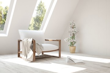 White room with armchair and green landscape in window. Scandinavian interior design. 3D illustration