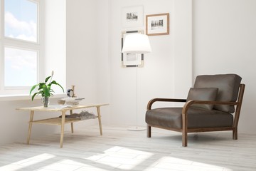 White modern room with armchair. Scandinavian interior design. 3D illustration