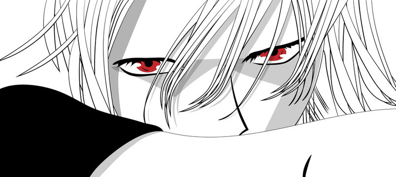 Anime eyes. Red eyes on white background. Anime face from cartoon. Vector illustration