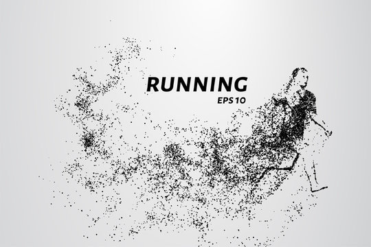 Runner of the particles. The man runs and the wind out of him pulling out pieces in the shape of a circle. Vector illustration