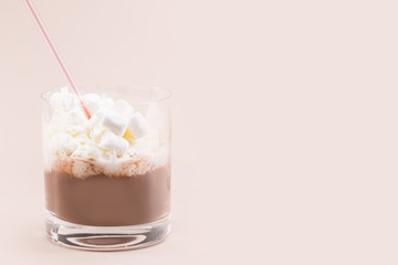 One glass of cocoa with whipped cream and marshmallows