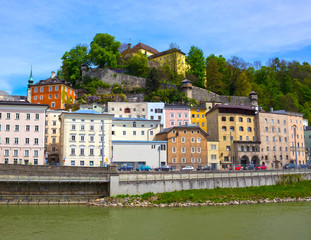 Fototapeta na wymiar Beautiful view of Salzburg skyline with Salzach river in summer, Salzburg, Austria