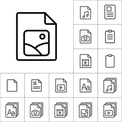 thin line photo file, gallery icon, different type file icons set on white background