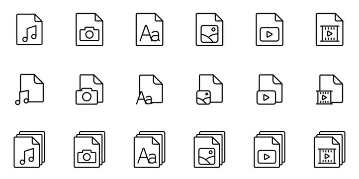 thin line different type file icons set on white background