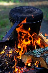 Fire. Cooking food at the stake in a hike.