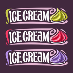 Vector set labels for fruit Ice Cream: 3 colorful vintage stickers for gooseberry, raspberry and blueberry dessert, lettering title - ice cream, for cold whipped creamy berry ice cream with chia seeds