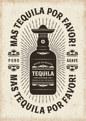 Vintage Mas Tequila Por Favor (More Tequila Please) Typography. T-shirt and label graphics with bottle. Editable EPS10 vector illustration in woodcut style. - obrazy, fototapety, plakaty