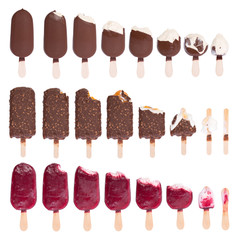 Icecream in differend stages of eating, isolated on white background