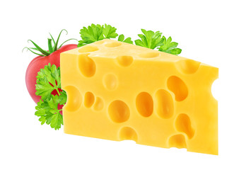 Piece of cheese with tomato and parsley isolated on white background