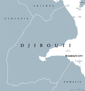Djibouti political map with capital Djibouti City. Republic and country in the Horn of Africa with coastline along the Red Sea. Gray illustration isolated on white background. English labeling. Vector