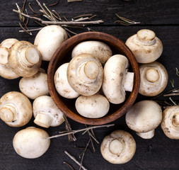 Mushroom heap on dark wood background. Top view.