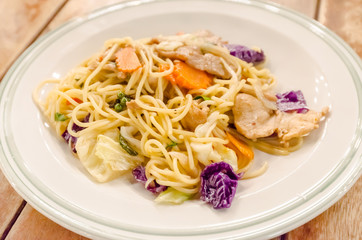 Nice fried spaghetti with pork and vegetable