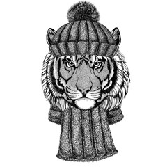 Wild tiger wearing knitted hat and scarf