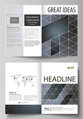 Business templates for bi fold brochure, flyer, booklet. Cover design template, vector layout in A4 size. Colorful dark background with abstract lines. Bright color chaotic, random, messy curves.