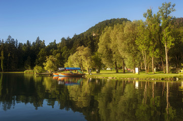 Fototapeta na wymiar Morning at Bled Lake National Park Slovenia, Summer Sunrise