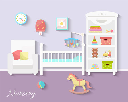 Baby room interior. Flat design. Newborn baby room with  shelf, toys, baby cot, armchair, bedside  table, chair and rug. Nursery room