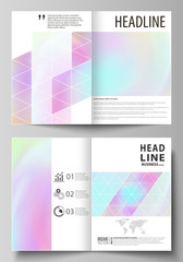 Business templates for bi fold brochure, flyer. Cover design template, abstract vector layout in A4 size. Hologram, background in pastel colors, holographic effect. Blurred pattern, futuristic texture