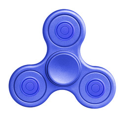 Blue fidget spinner on white background. Stress relieving toy.